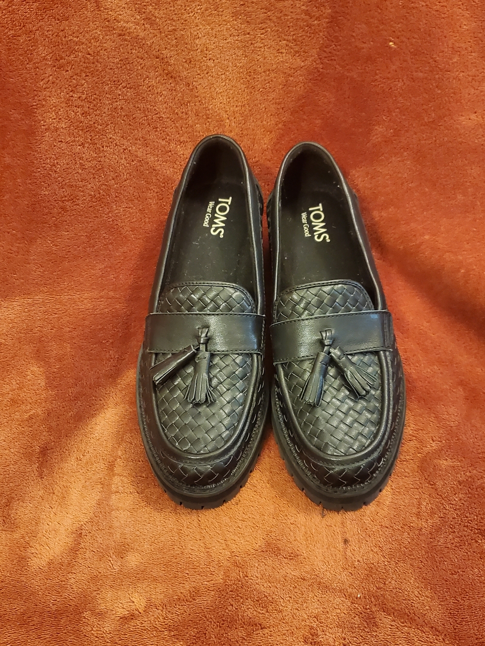 Black Woven Leather Tassel Loafers with Lug Sole